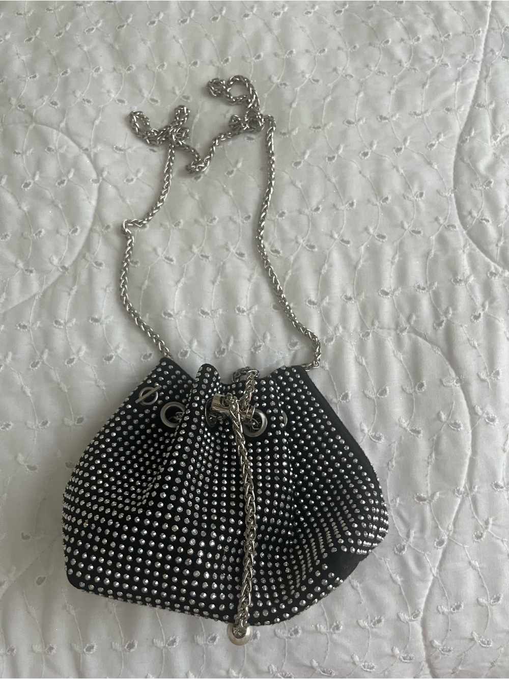 Black Crystal-Studded Drawstring Shoulder Bag